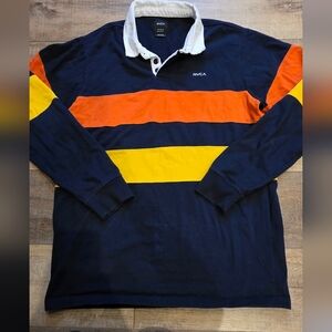 RVCA Men's Striped Long Sleeve Shirt - Navy, Orange, Yellow Rudgy Style Thick